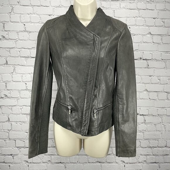 Whet Blu Dark Grey Soft Leather Biker Moto Jacket Zipped Pockets Lined Size XS - Picture 1 of 13